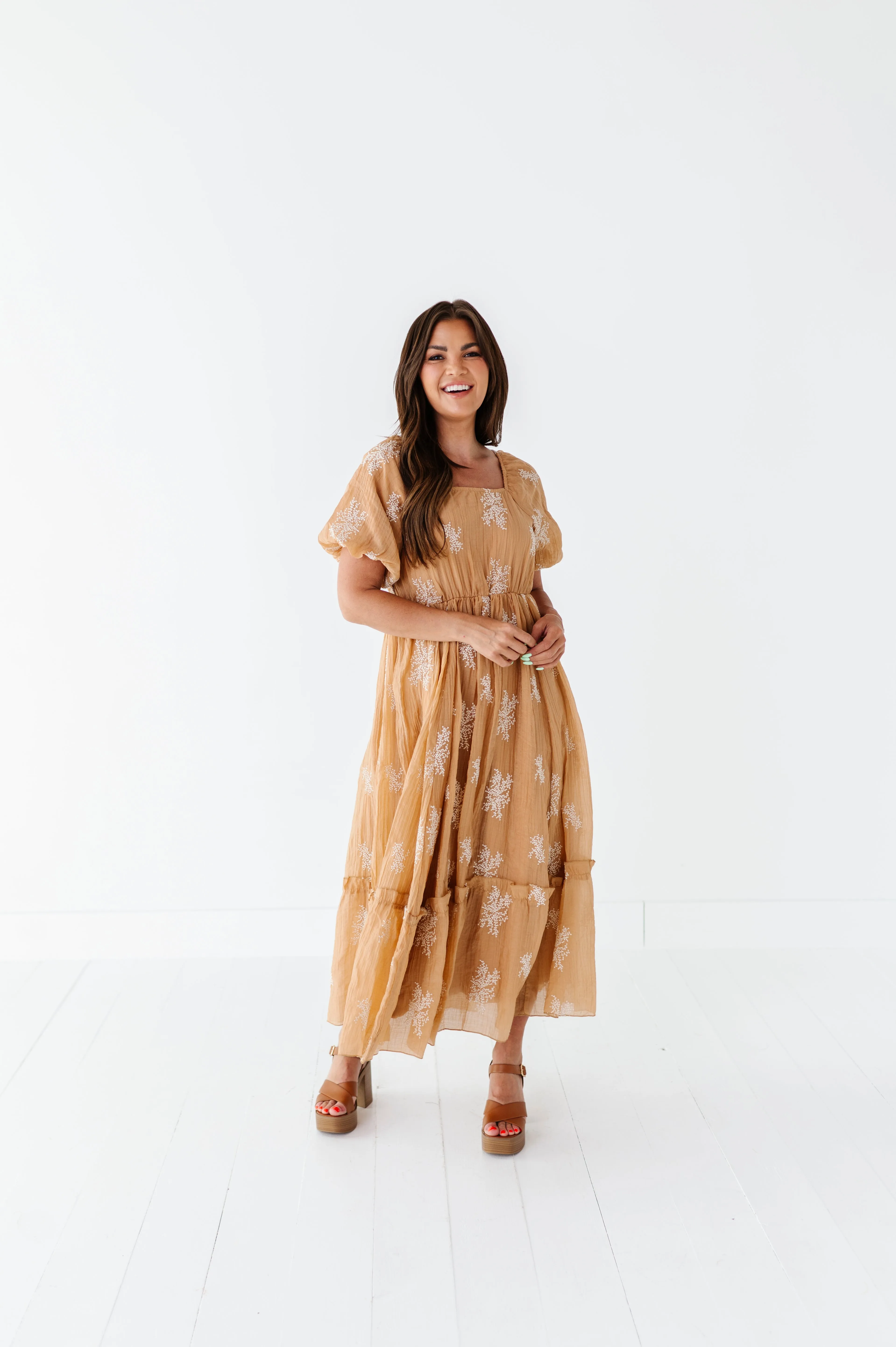 Lola Embroidered Dress in Camel - Size Medium Left