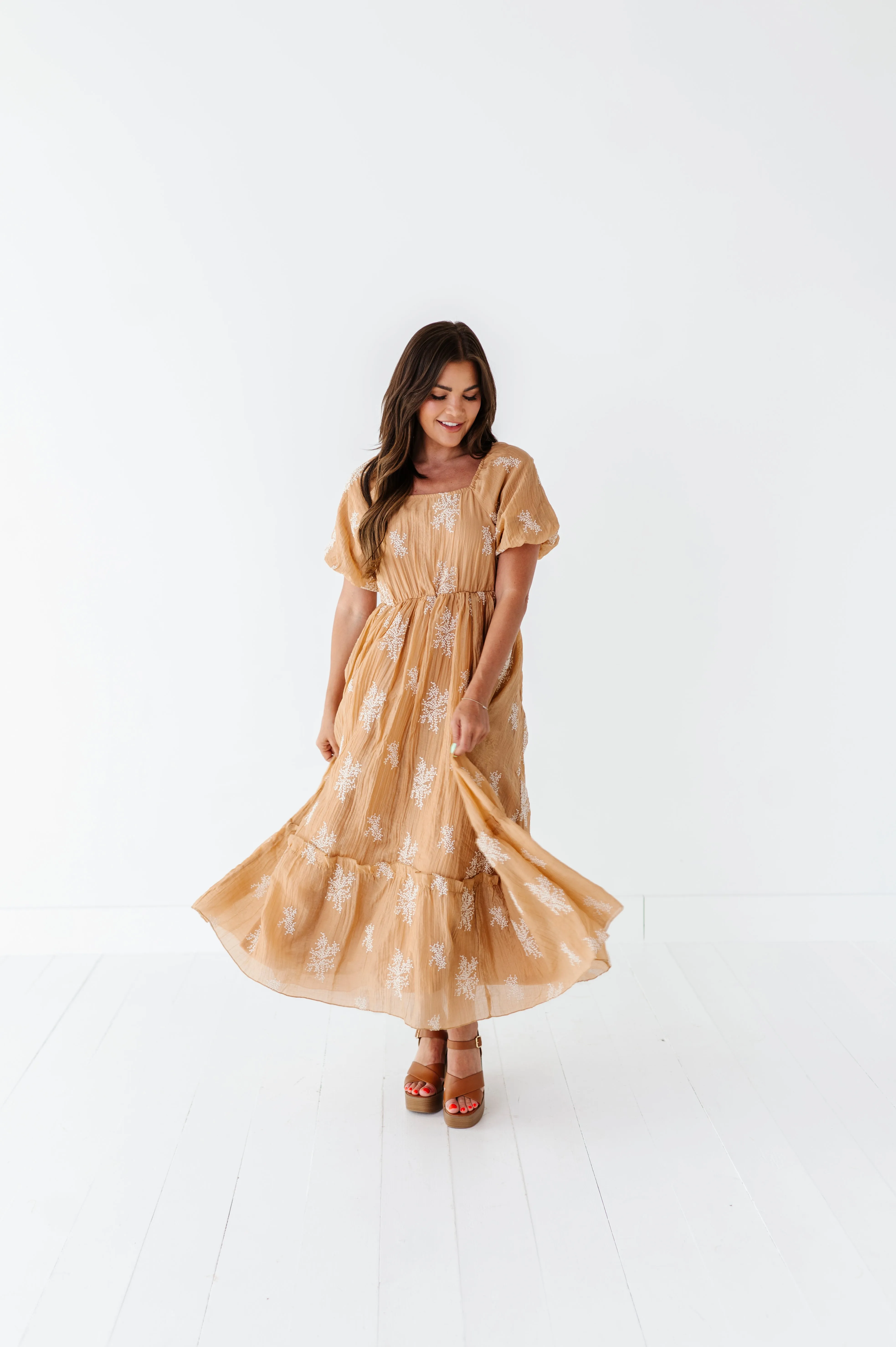 Lola Embroidered Dress in Camel - Size Medium Left