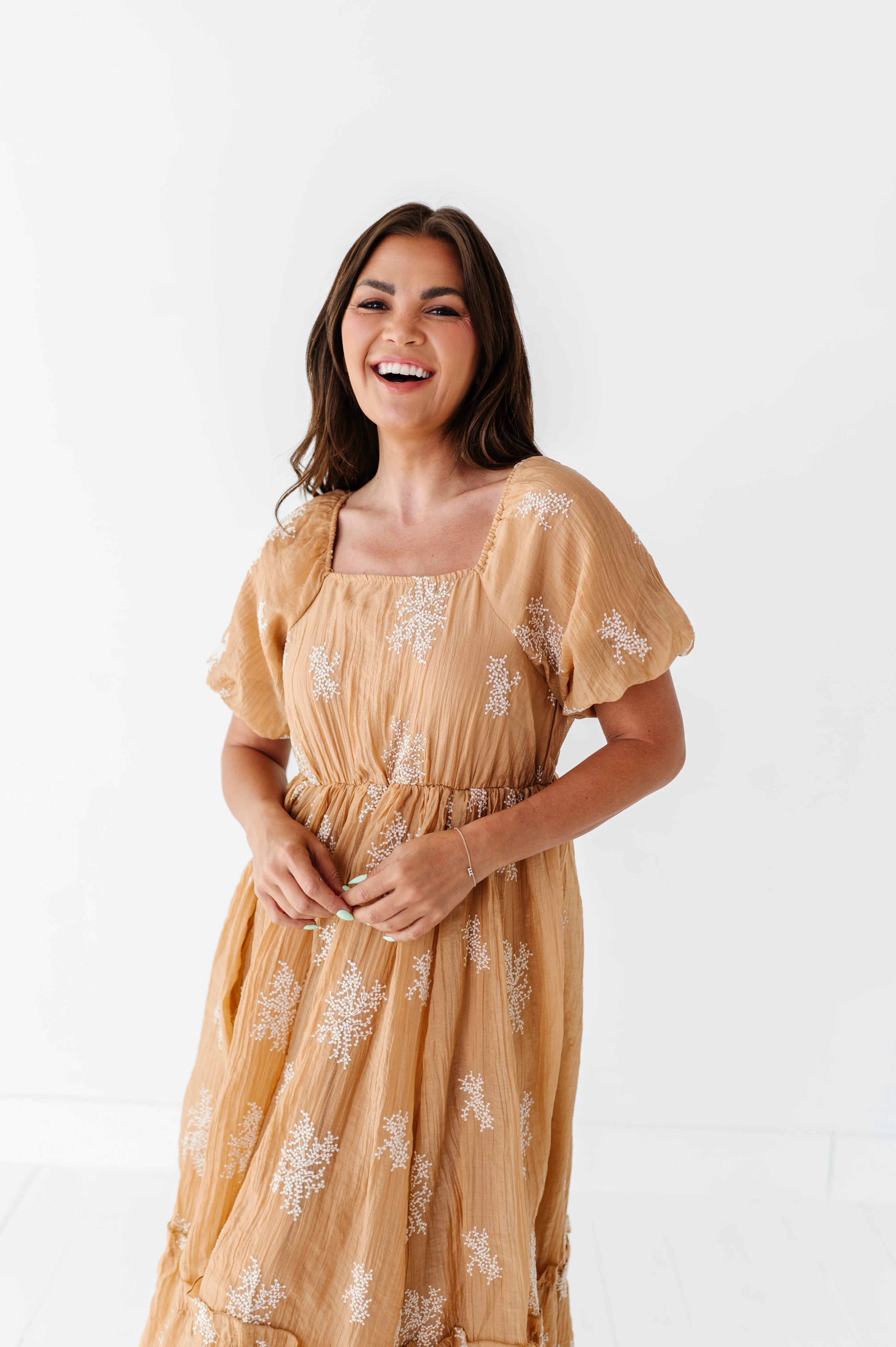 Lola Embroidered Dress in Camel - Size Medium Left