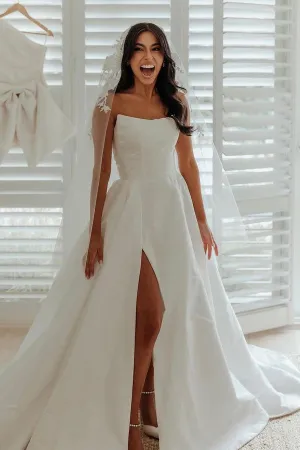 Luolandi A-Line White Satin Strapless Wedding Dresses with Slit Off Shoulder Beautiful