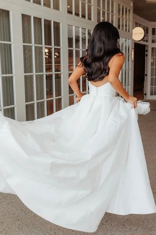 Luolandi A-Line White Satin Strapless Wedding Dresses with Slit Off Shoulder Beautiful