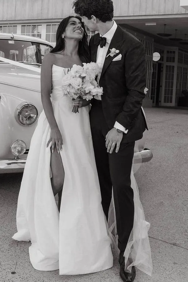 Luolandi A-Line White Satin Strapless Wedding Dresses with Slit Off Shoulder Beautiful