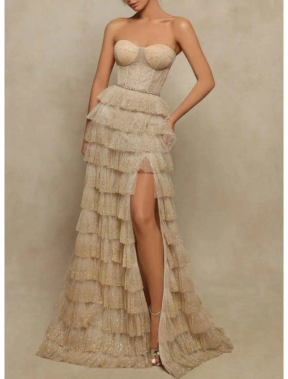 Luolandi Ball Gown A-Line Prom Dresses Elegant Dress Formal Prom Floor Length Sleeveless Strapless Tulle with Sequin Slit Evening Dress