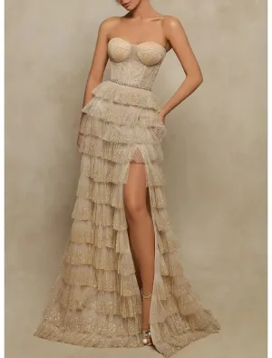 Luolandi Ball Gown A-Line Prom Dresses Elegant Dress Formal Prom Floor Length Sleeveless Strapless Tulle with Sequin Slit Evening Dress