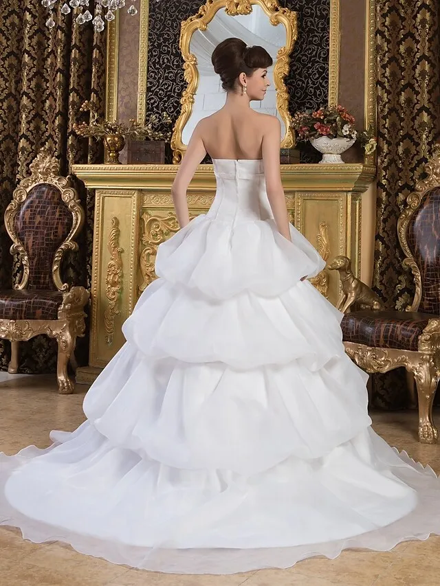 Luolandi Ball Gown Wedding Dresses Strapless Court Train Organza Satin Strapless with Pick Up Skirt