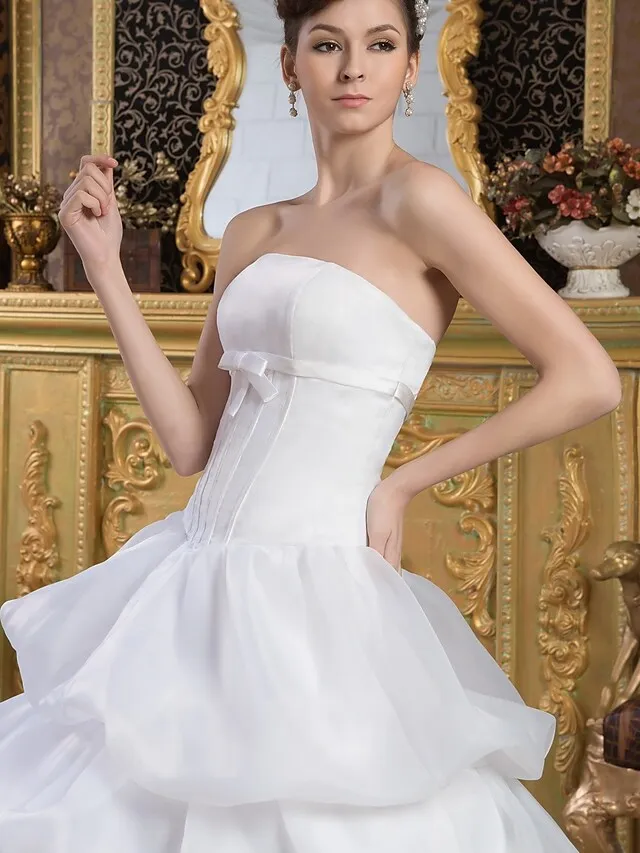 Luolandi Ball Gown Wedding Dresses Strapless Court Train Organza Satin Strapless with Pick Up Skirt