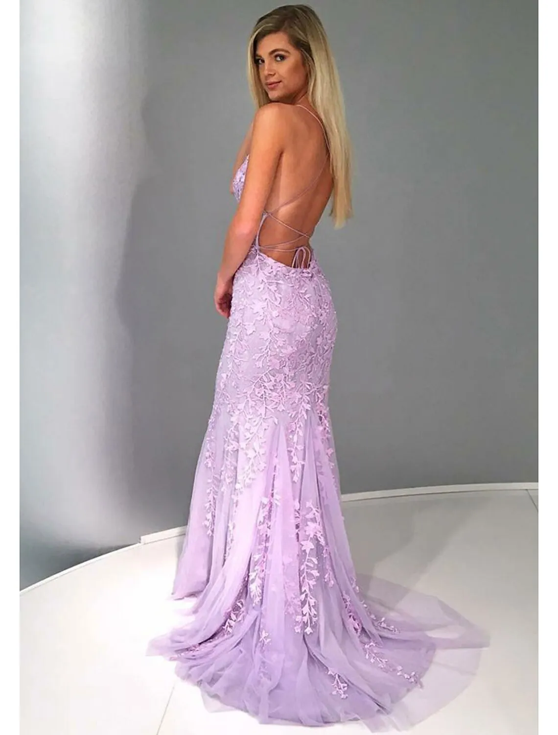 Luolandi Mermaid / Trumpet Prom Dresses Sexy Dress Formal Court Train Sleeveless Strapless Lace Backless