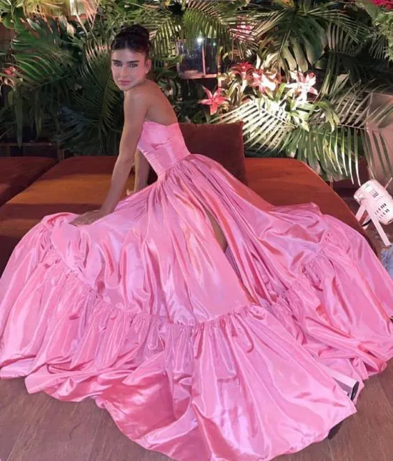 Luolandi Pink A-line Strapless Side Slit Long Party Prom Dresses Charming Evening Dress