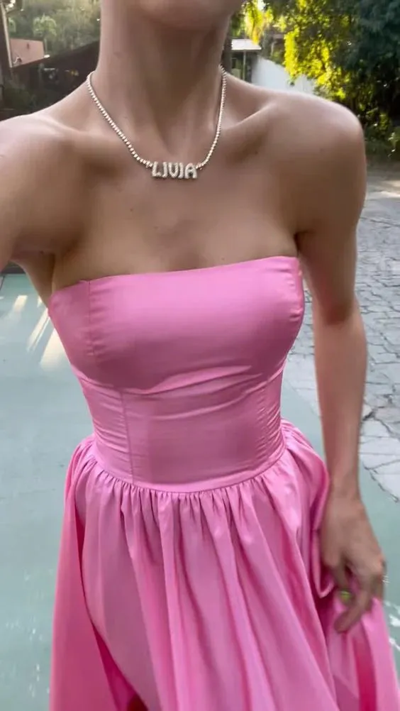 Luolandi Pink A-line Strapless Side Slit Long Party Prom Dresses Charming Evening Dress