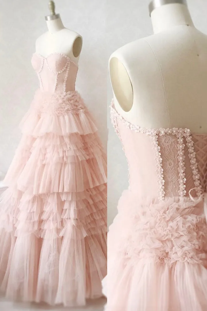 Luolandi Pink Tulle Lace Long Prom Dresses A-Line Strapless Evening Dresses Off Shoulder