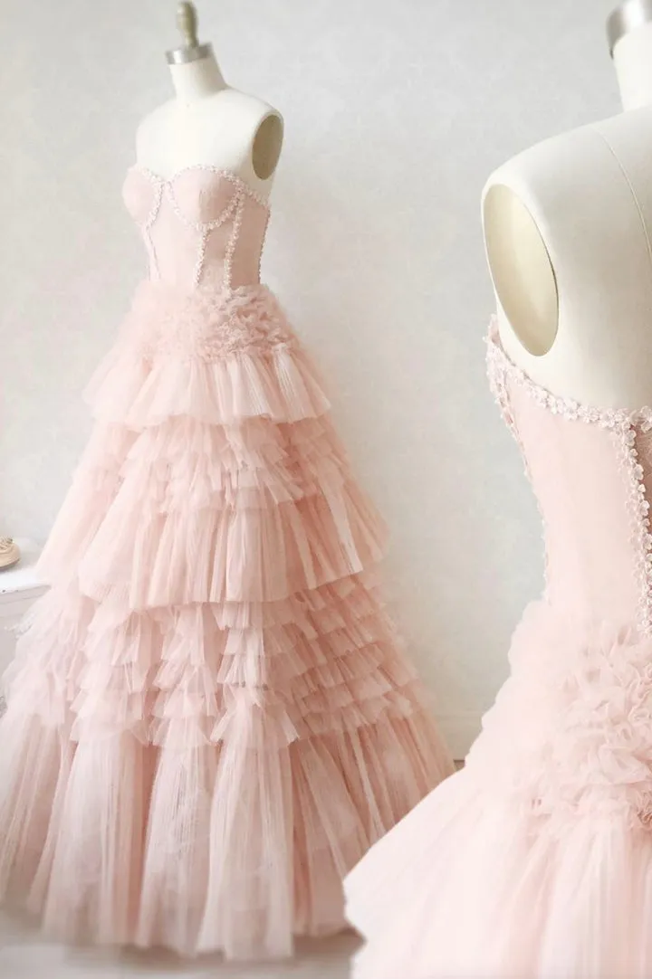 Luolandi Pink Tulle Lace Long Prom Dresses A-Line Strapless Evening Dresses Off Shoulder