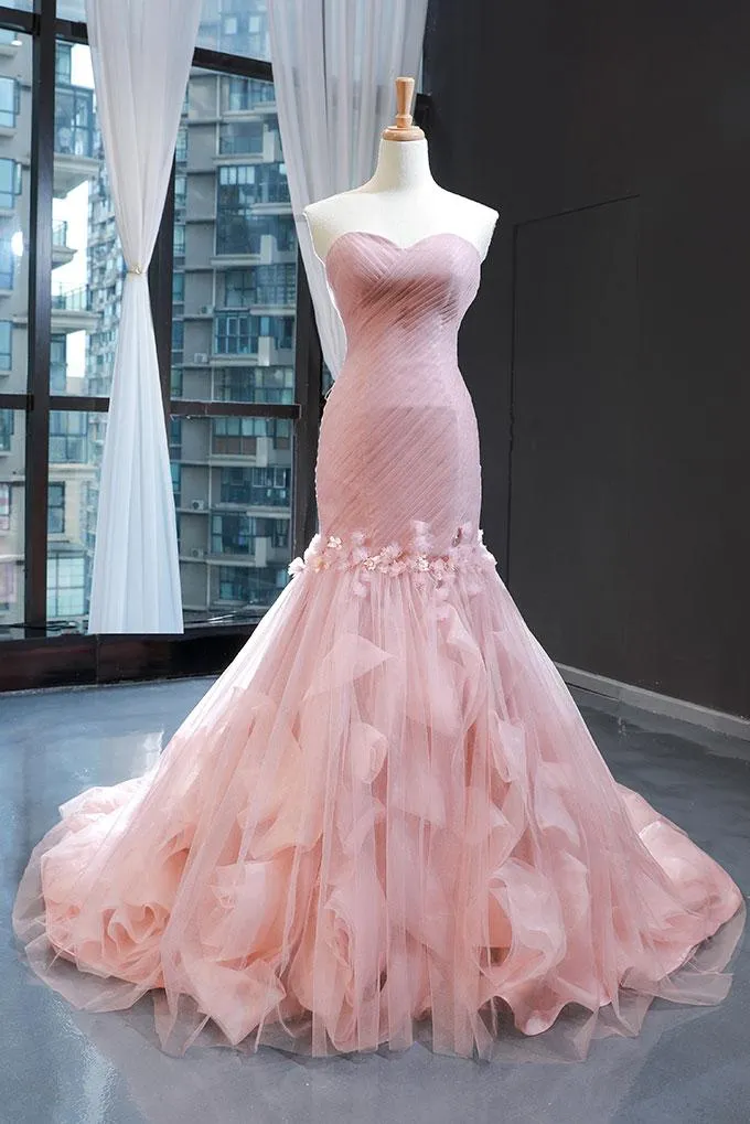 Luolandi Pink Tulle Strapless Mermaid Long Dresses Sweetheart Prom Dresses Off Shoulder
