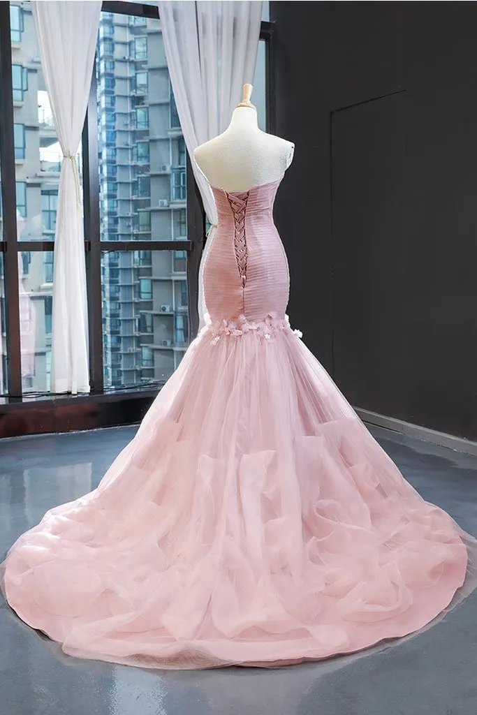 Luolandi Pink Tulle Strapless Mermaid Long Dresses Sweetheart Prom Dresses Off Shoulder