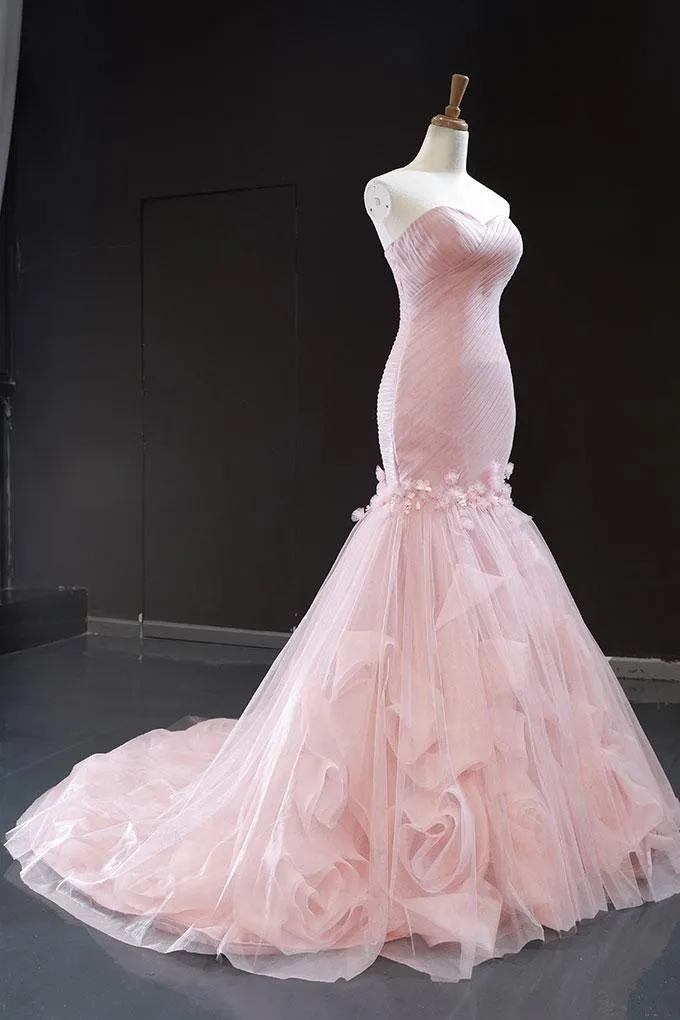 Luolandi Pink Tulle Strapless Mermaid Long Dresses Sweetheart Prom Dresses Off Shoulder