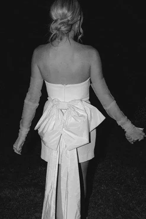 Luolandi Strapless White Satin Short Wedding Dresses with Bow Off Shoulder Simple Beautiful