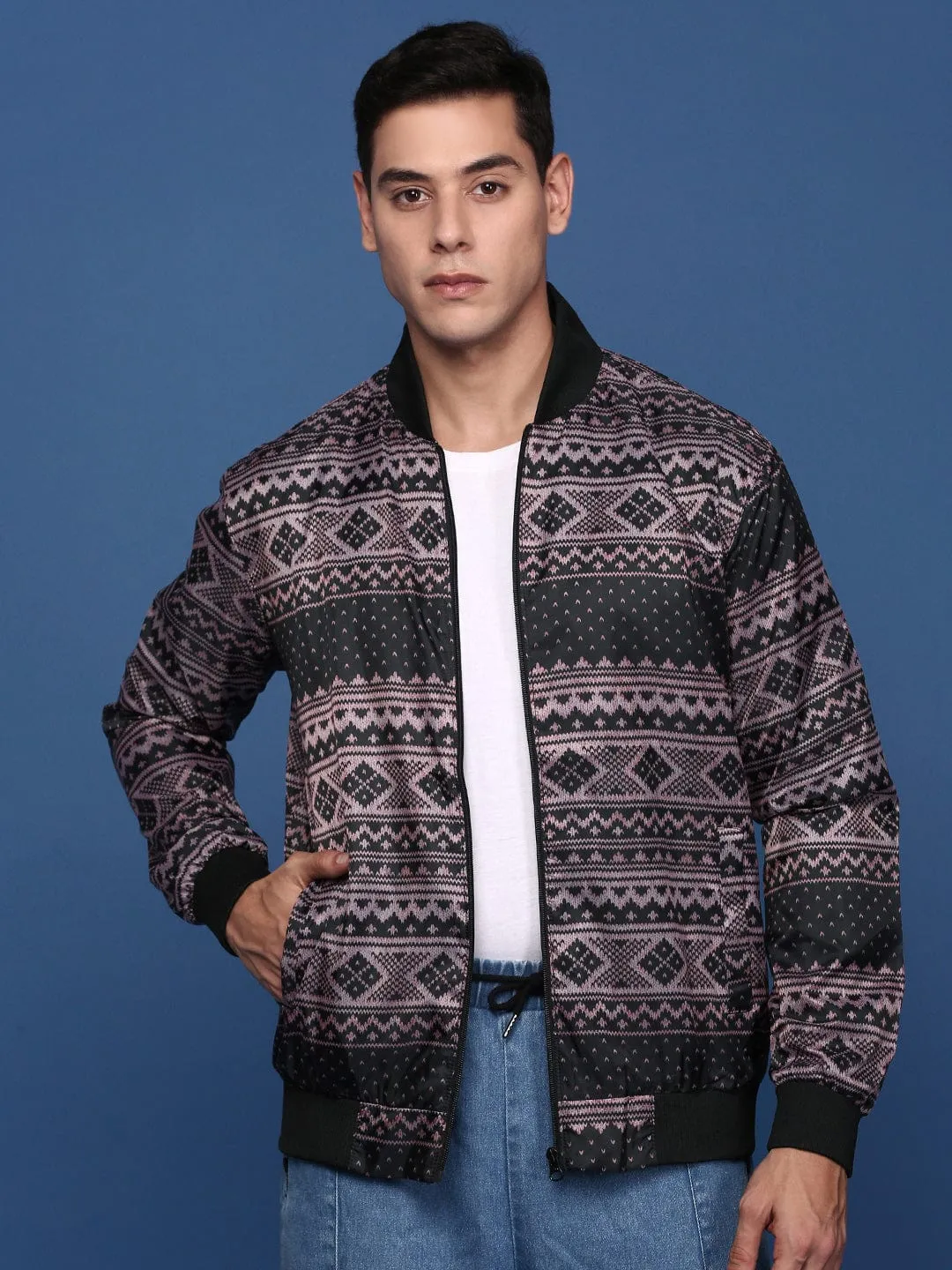 Men Black Abstract Printed Windcheater Longline Bomber Jacket