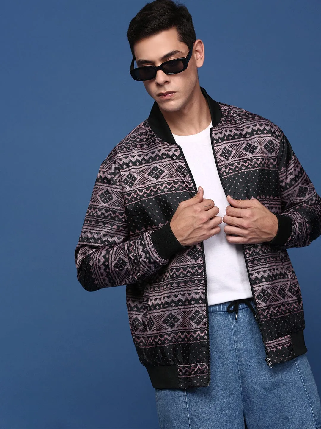 Men Black Abstract Printed Windcheater Longline Bomber Jacket