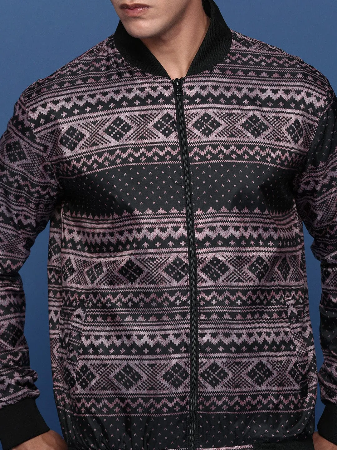 Men Black Abstract Printed Windcheater Longline Bomber Jacket