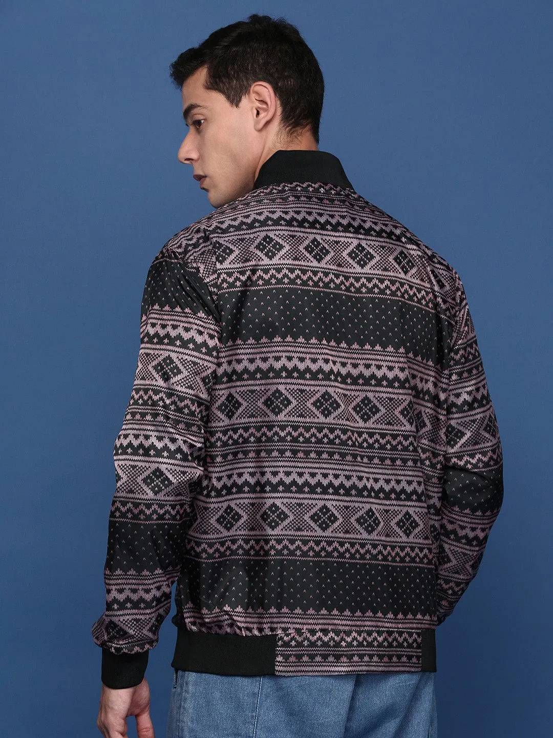 Men Black Abstract Printed Windcheater Longline Bomber Jacket