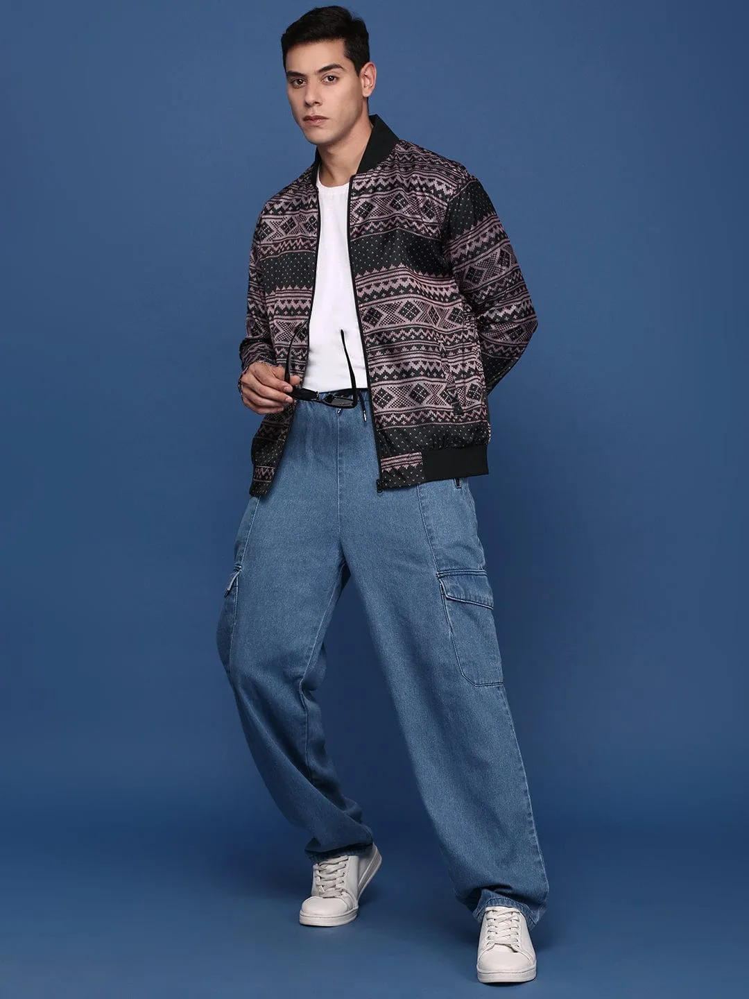 Men Black Abstract Printed Windcheater Longline Bomber Jacket
