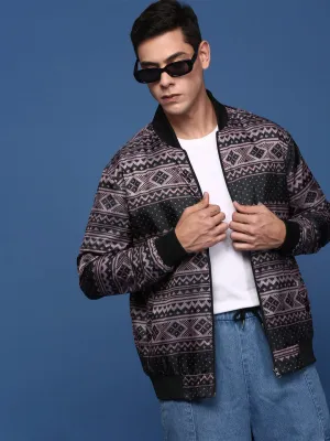Men Black Abstract Printed Windcheater Longline Bomber Jacket