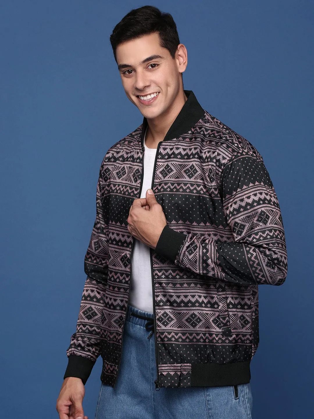 Men Black Abstract Printed Windcheater Longline Bomber Jacket