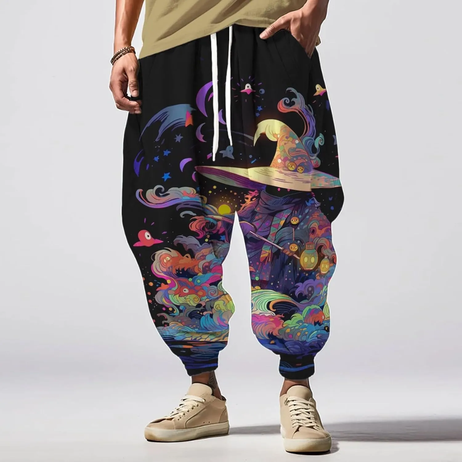 Men's Linen Harem Drawstring Pants Men's Autumn Fun Print Fashion Street Drawstring Workout Track Pants with Pockets