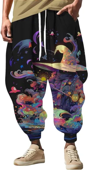 Men's Linen Harem Drawstring Pants Men's Autumn Fun Print Fashion Street Drawstring Workout Track Pants with Pockets