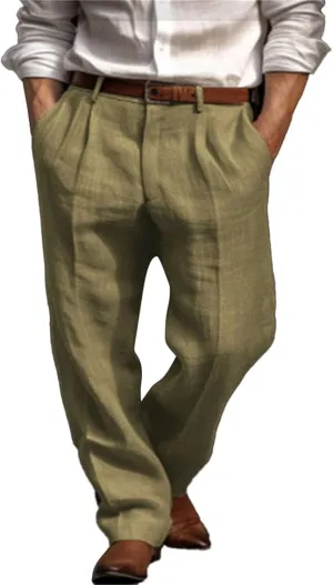 Mens Linen Pants Big and Tall Classic Flat Front Chino Pants Casual Lightweight Straight Leg Summer Beach Trousers