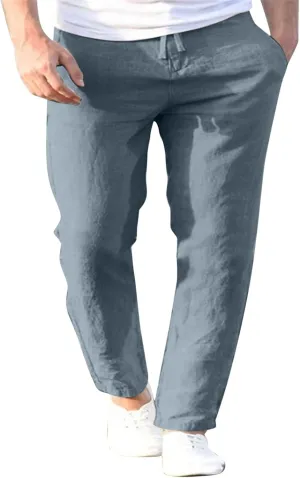 Men's Slim-Fit Slacks Drawstring Linen Pants Drawstring Linen Pants for Beach Yoga Workout Breathable Summer Pants