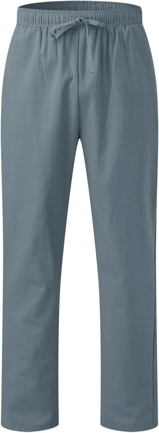 Men's Slim-Fit Slacks Drawstring Linen Pants Drawstring Linen Pants for Beach Yoga Workout Breathable Summer Pants