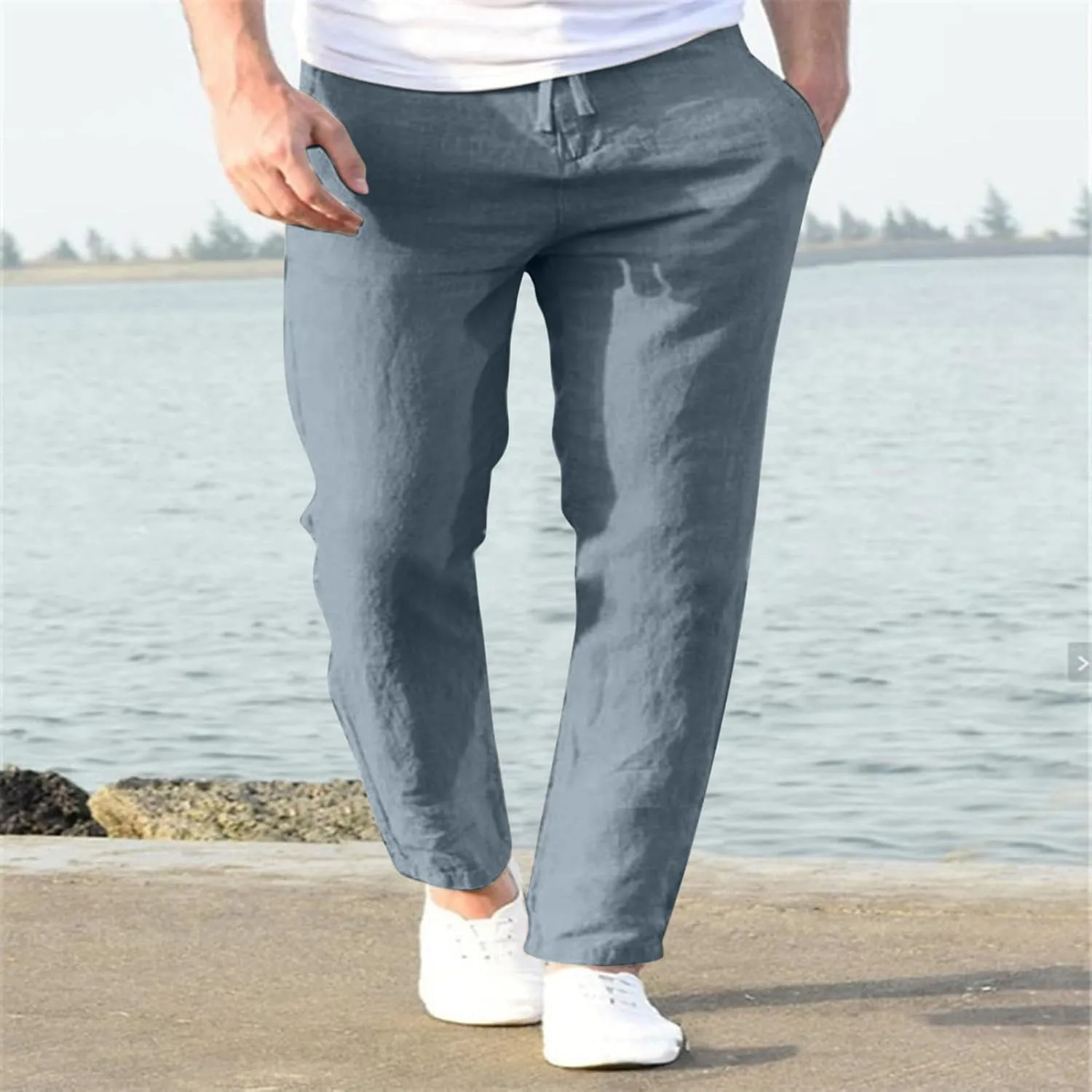 Men's Slim-Fit Slacks Drawstring Linen Pants Drawstring Linen Pants for Beach Yoga Workout Breathable Summer Pants