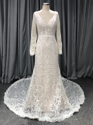 Mermaid V-neck Court Train Long Sleeves Wedding Dresses With Lace