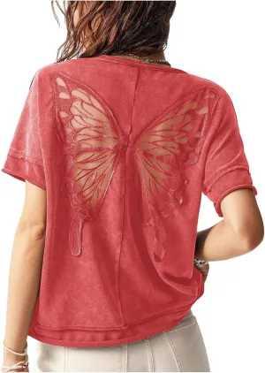 Milumia Women's Vintage Butterfly Sheer T-Shirt Short Sleeve Cut Out Back Loose Tee Tops