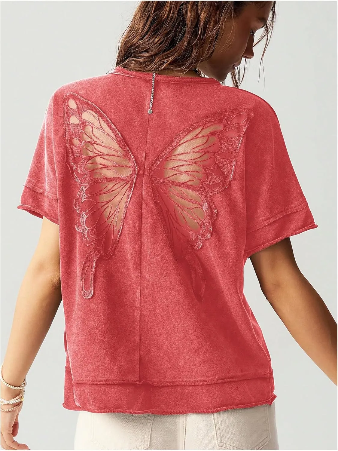 Milumia Women's Vintage Butterfly Sheer T-Shirt Short Sleeve Cut Out Back Loose Tee Tops