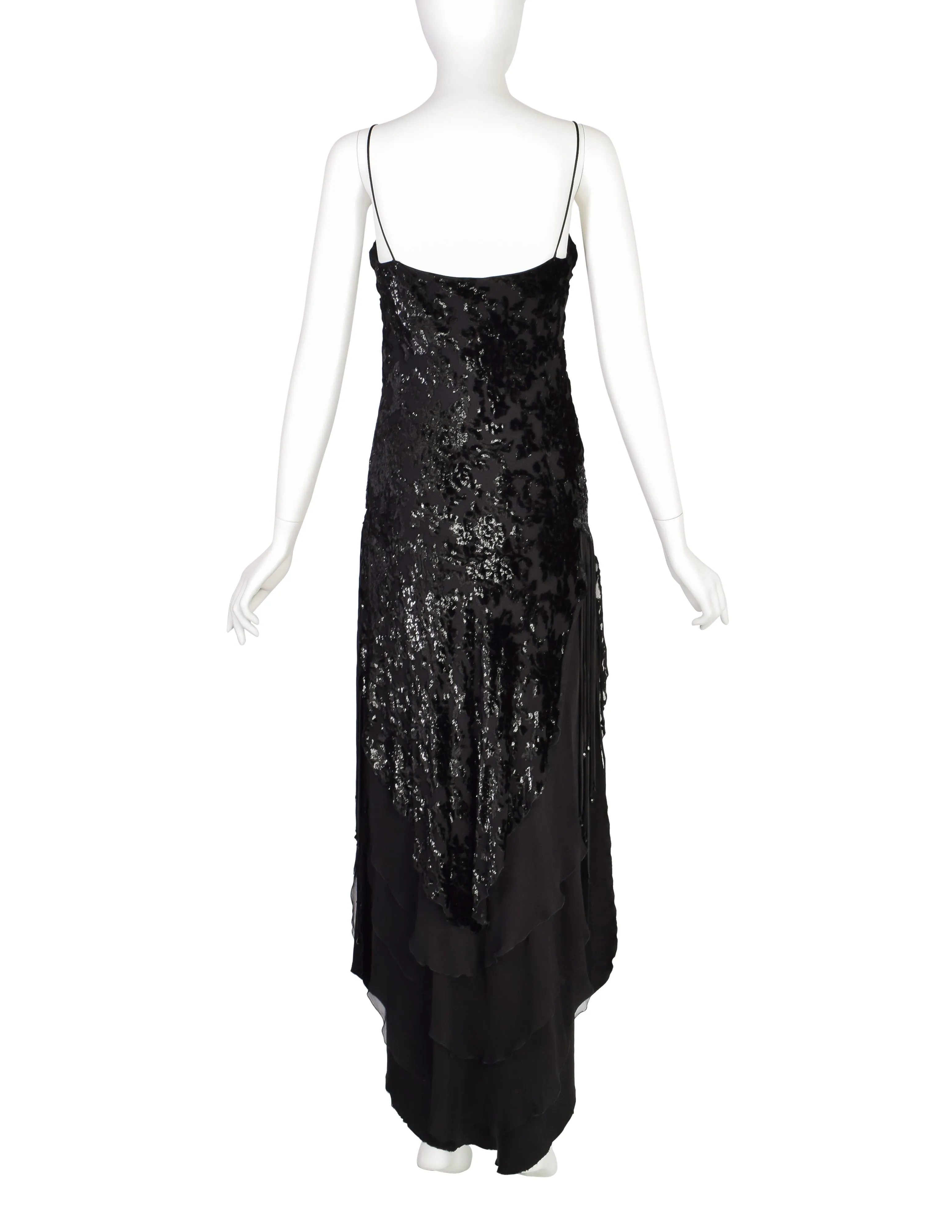 Mira Vintage Black Silk Chiffon Devore Velvet Bias Layered Beaded Dress