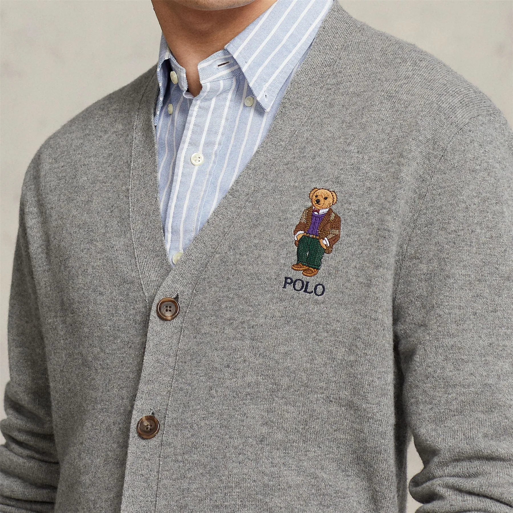 Polo Bear Wool Cardigan Fawn Grey Heather - AW23