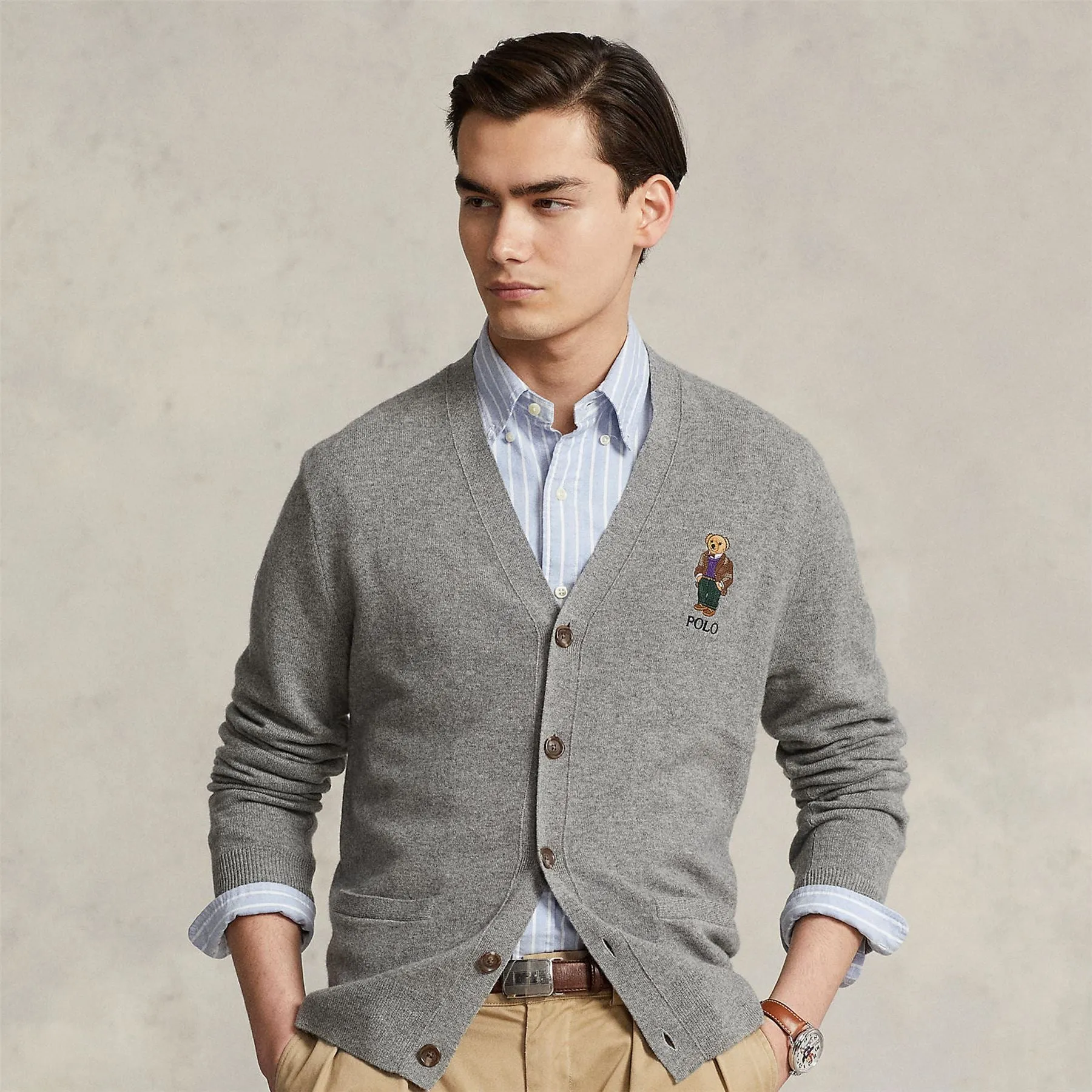 Polo Bear Wool Cardigan Fawn Grey Heather - AW23