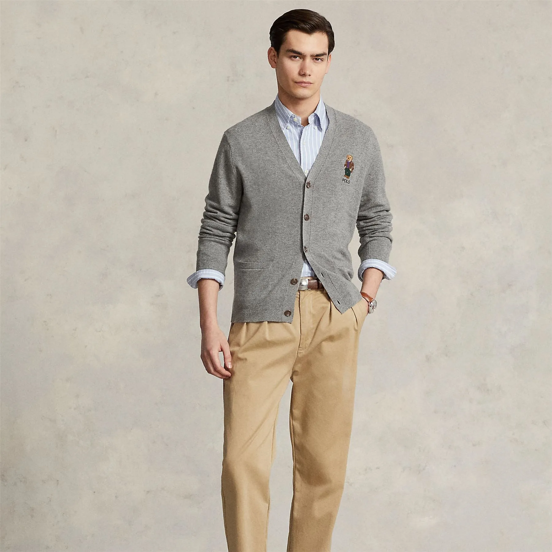 Polo Bear Wool Cardigan Fawn Grey Heather - AW23