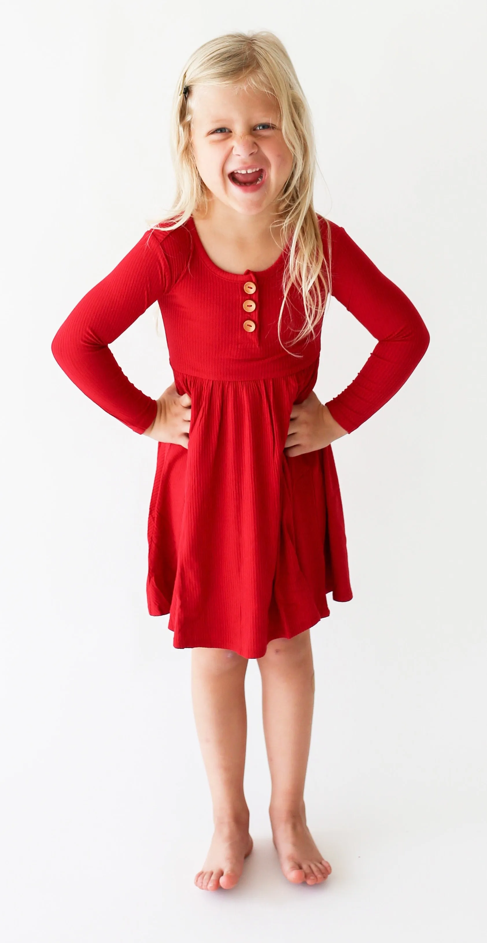 Posh Peanut Solid Ribbed Crimson L/S Twirl Dress