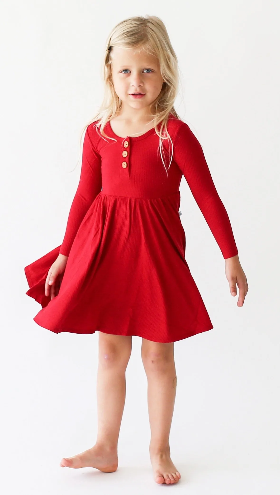 Posh Peanut Solid Ribbed Crimson L/S Twirl Dress