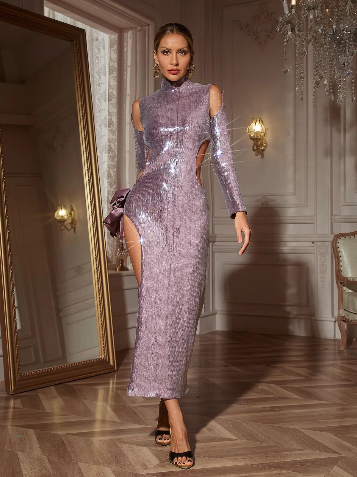 Seabi Long Sleeve Sequin Cutout Maxi Dress