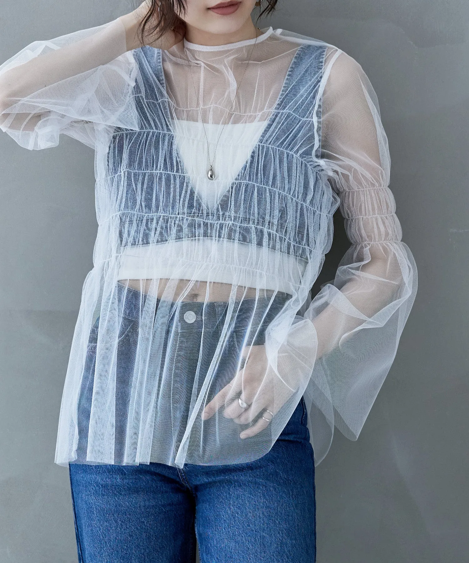Shirring tulle sheer tops