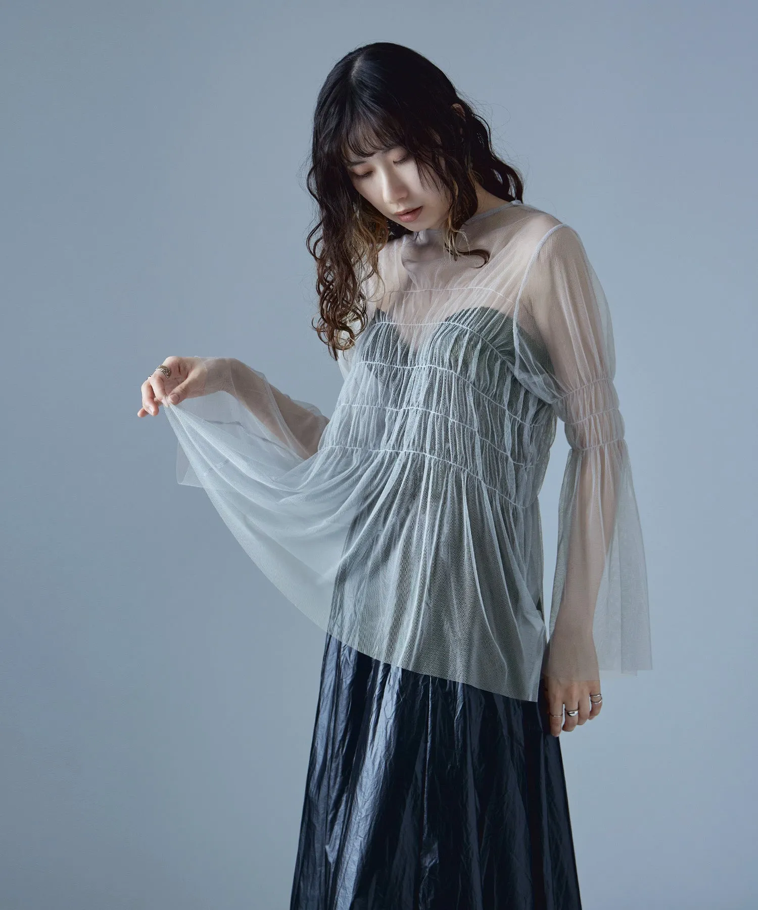 Shirring tulle sheer tops
