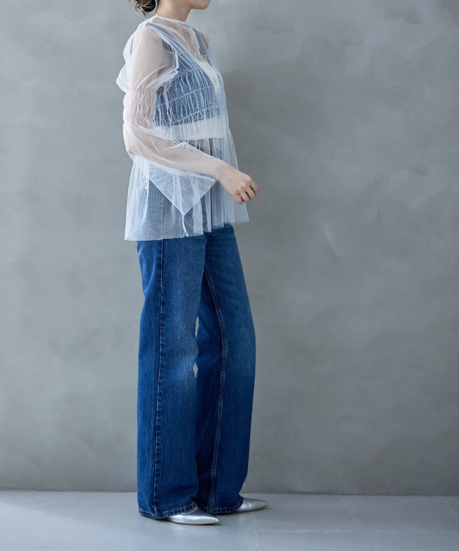 Shirring tulle sheer tops