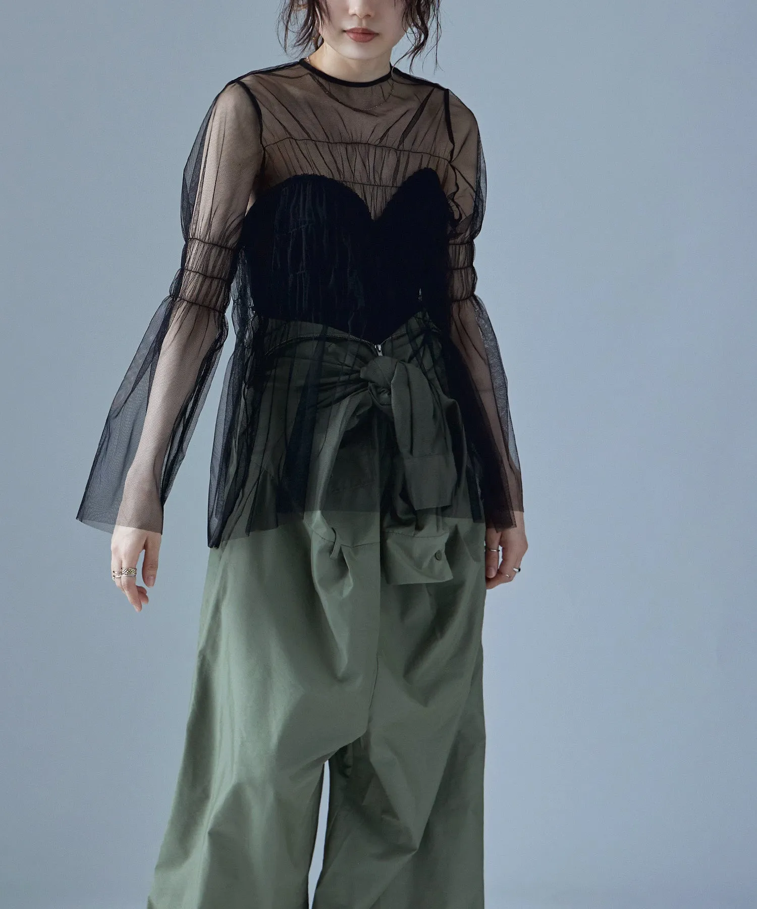 Shirring tulle sheer tops