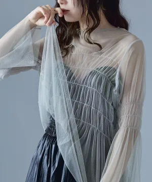 Shirring tulle sheer tops