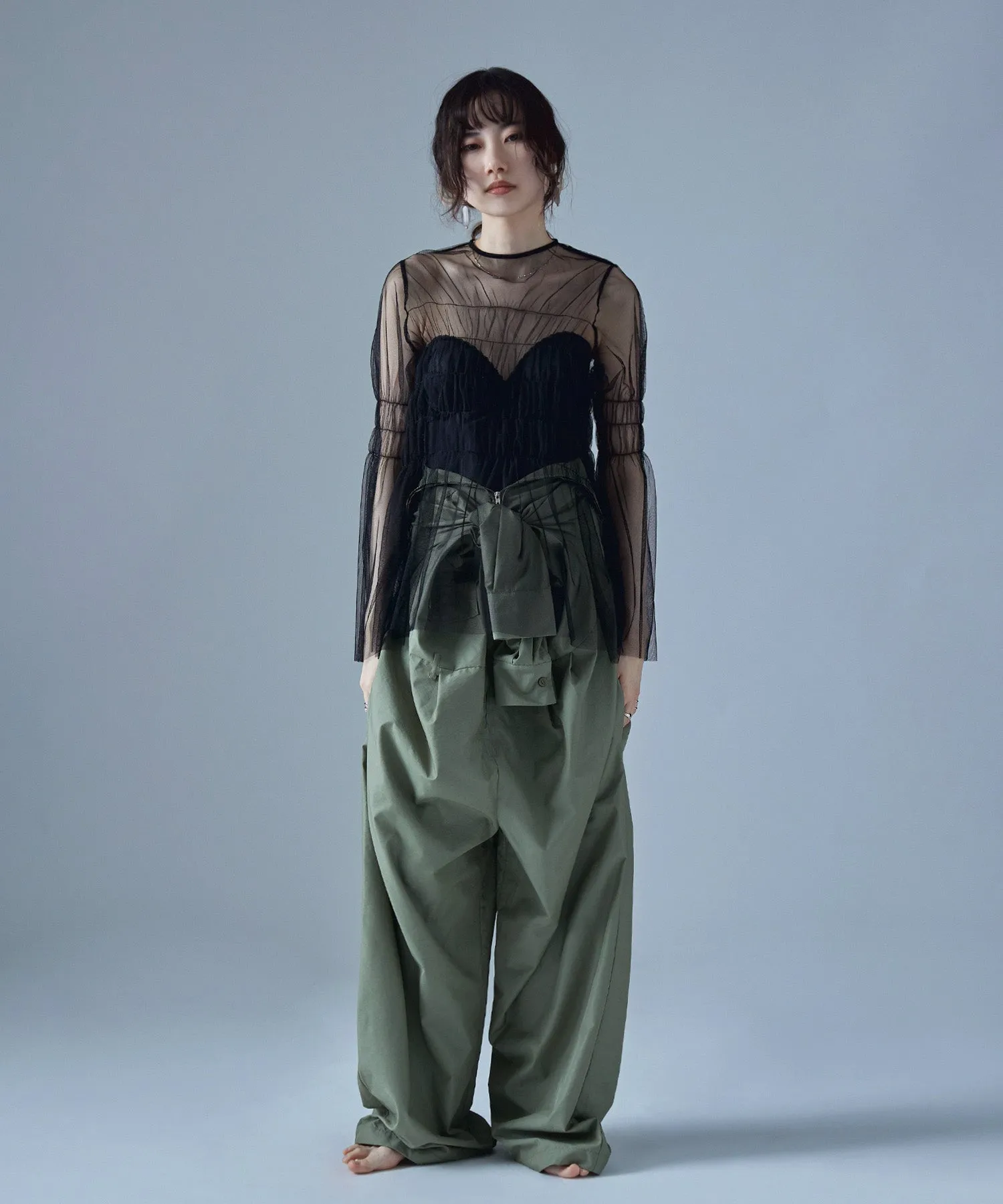 Shirring tulle sheer tops