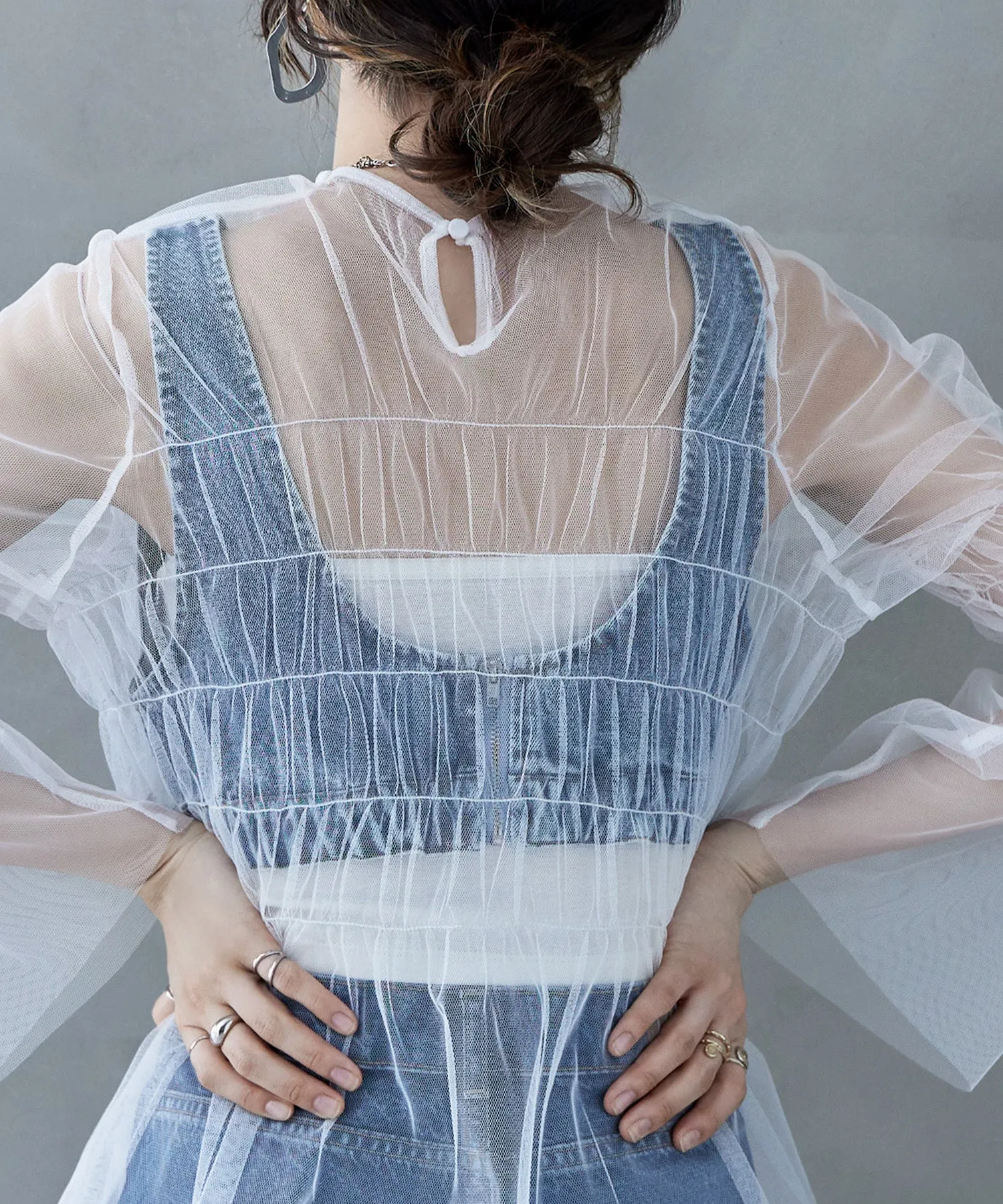 Shirring tulle sheer tops