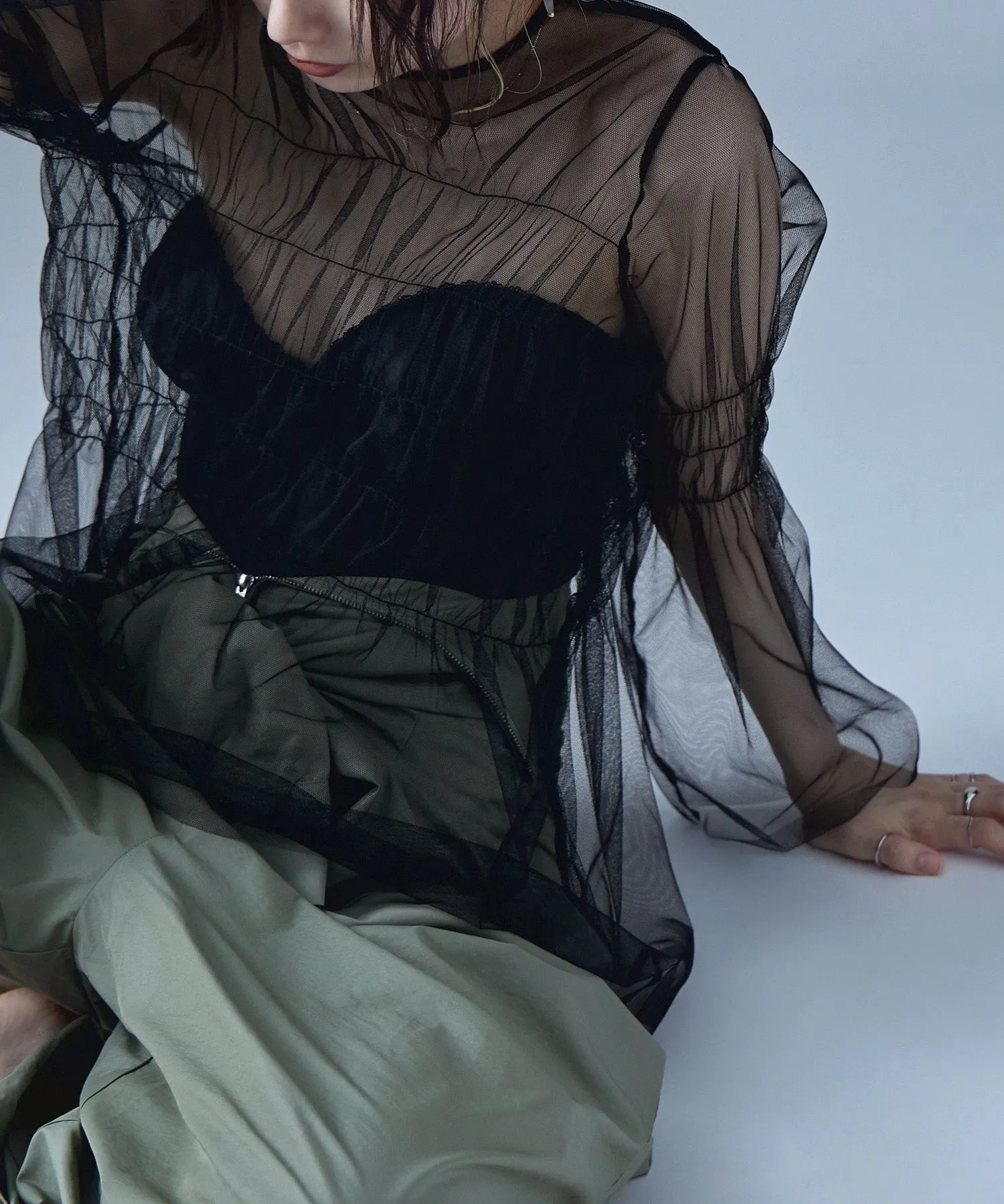 Shirring tulle sheer tops